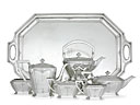 A six-piece silver tea and coffee service with tray