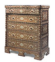 A Syrian hardwood inlaid mother-of-pearl, bone and white metal serpentine chest